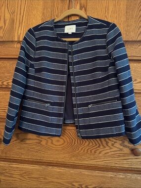 LOFT Navy & Light Blue Striped Collarless Zip Jacket